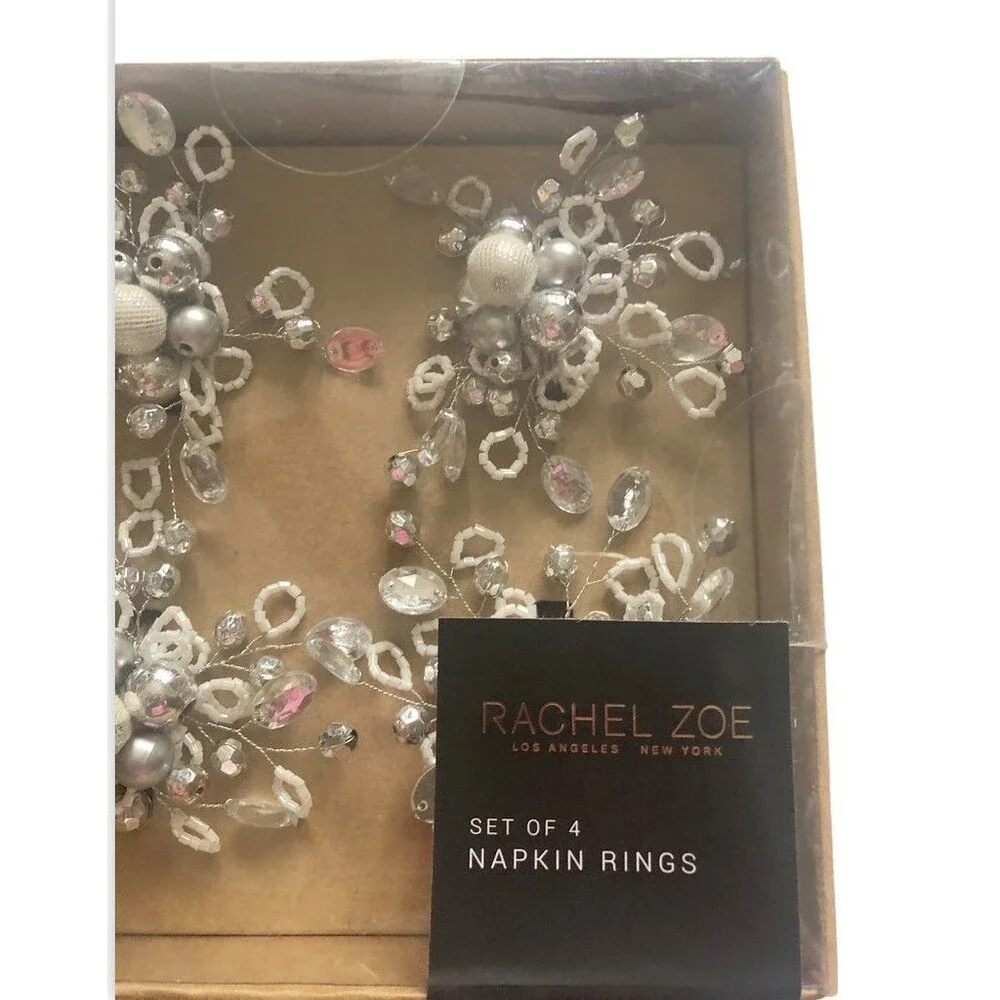 Rachel Zoe Beaded Napkin Rings Set of 4 Rhinestone Silver White 4